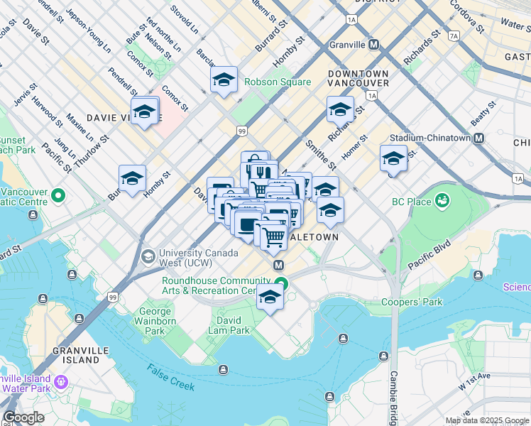 map of restaurants, bars, coffee shops, grocery stores, and more near in Vancouver
