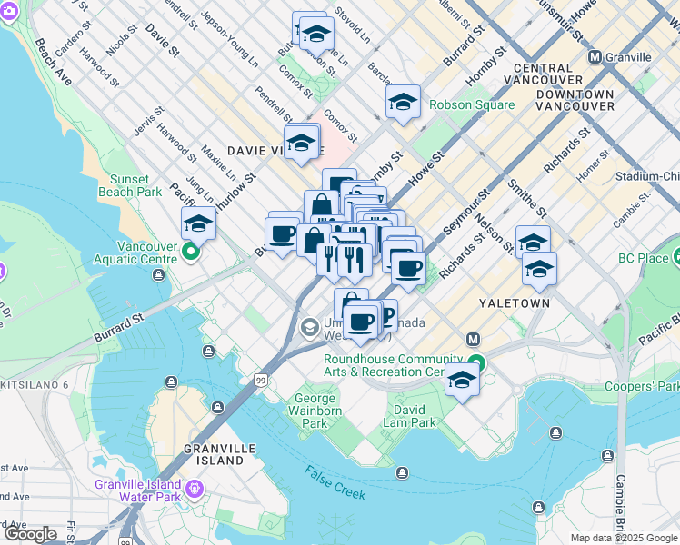 map of restaurants, bars, coffee shops, grocery stores, and more near 729 Drake Street in Vancouver