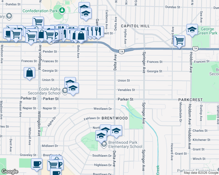 map of restaurants, bars, coffee shops, grocery stores, and more near 4855 Venables Street in Burnaby