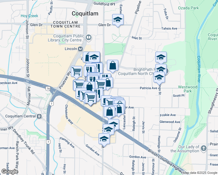 map of restaurants, bars, coffee shops, grocery stores, and more near 3601 Woodland Drive in Port Coquitlam