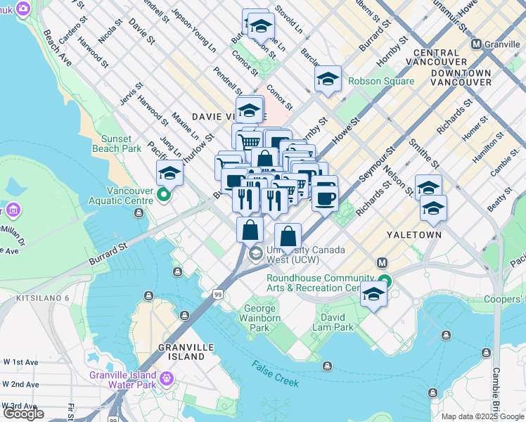 map of restaurants, bars, coffee shops, grocery stores, and more near 1311 Howe Street in Vancouver