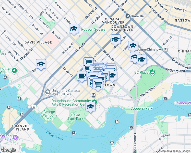 map of restaurants, bars, coffee shops, grocery stores, and more near 1085 Homer Street in Vancouver