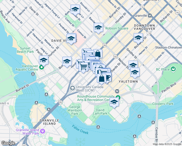map of restaurants, bars, coffee shops, grocery stores, and more near in Vancouver
