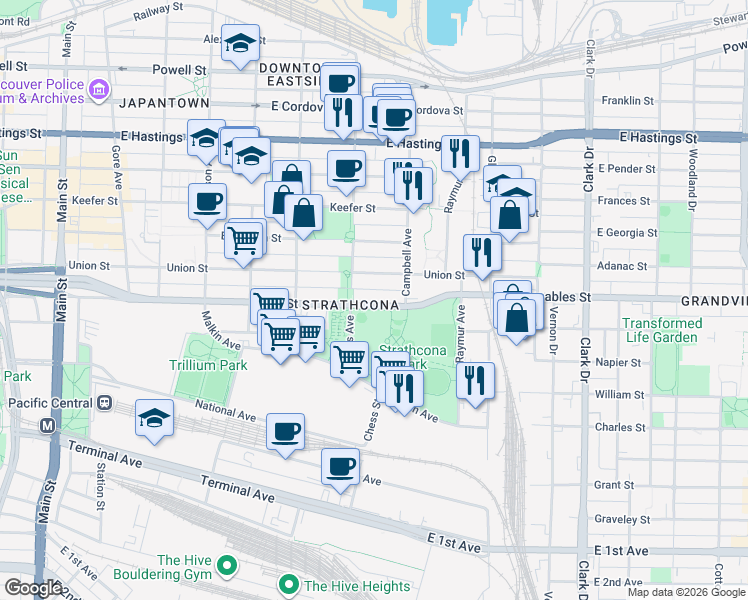 map of restaurants, bars, coffee shops, grocery stores, and more near 835 Prior Street in Vancouver