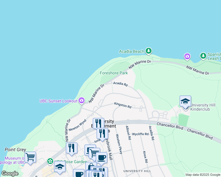 map of restaurants, bars, coffee shops, grocery stores, and more near 5747 Newton Wynd in Vancouver