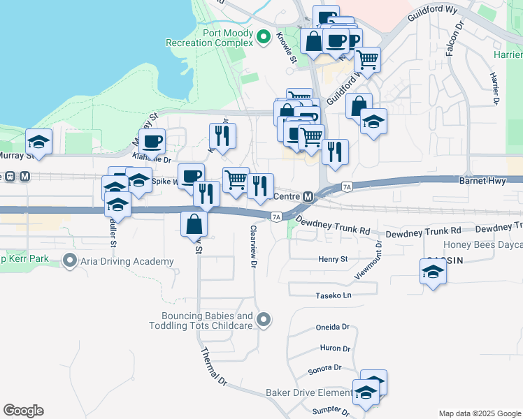 map of restaurants, bars, coffee shops, grocery stores, and more near 3250 Saint Johns Street in Port Moody