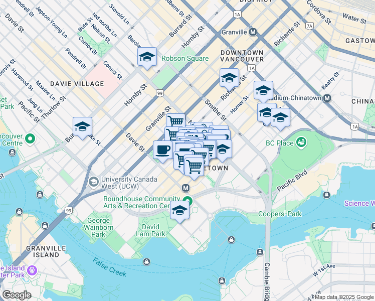 map of restaurants, bars, coffee shops, grocery stores, and more near 1128 Homer Street in Vancouver
