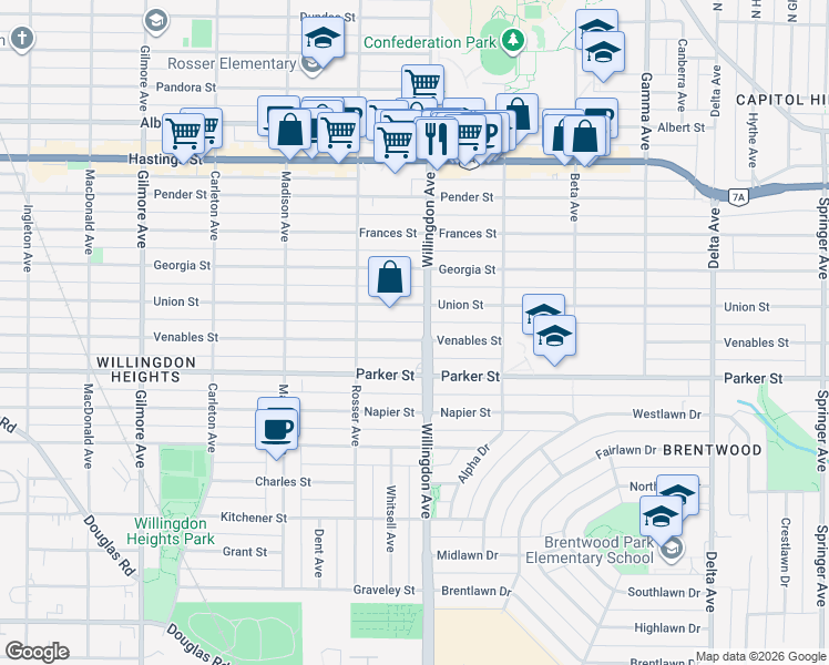 map of restaurants, bars, coffee shops, grocery stores, and more near 4475 Venables Street in Burnaby