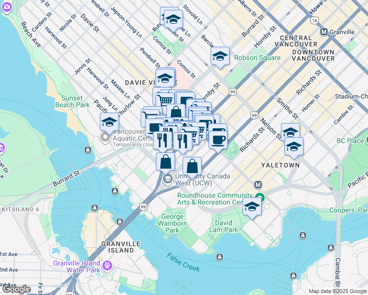 map of restaurants, bars, coffee shops, grocery stores, and more near 789 Drake Street in Vancouver