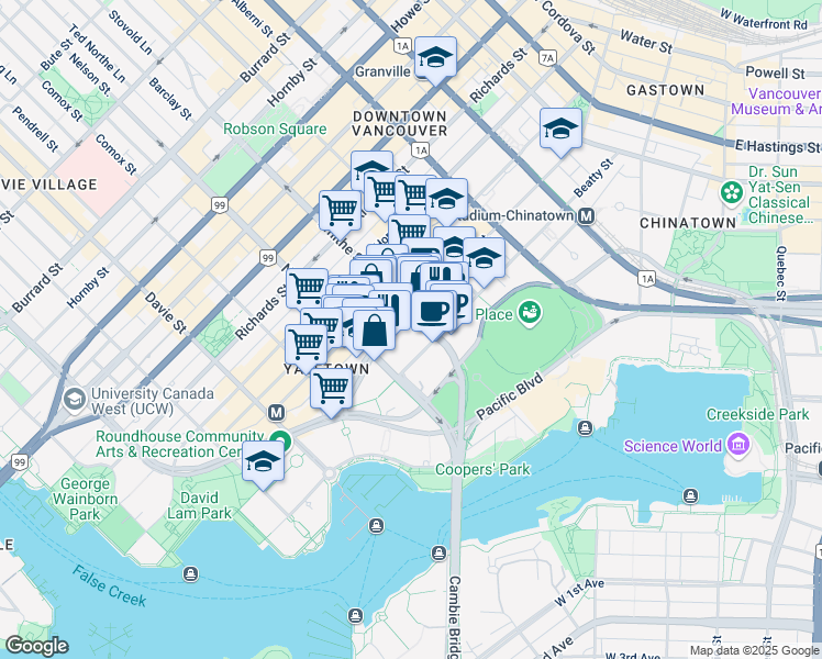 map of restaurants, bars, coffee shops, grocery stores, and more near in Vancouver