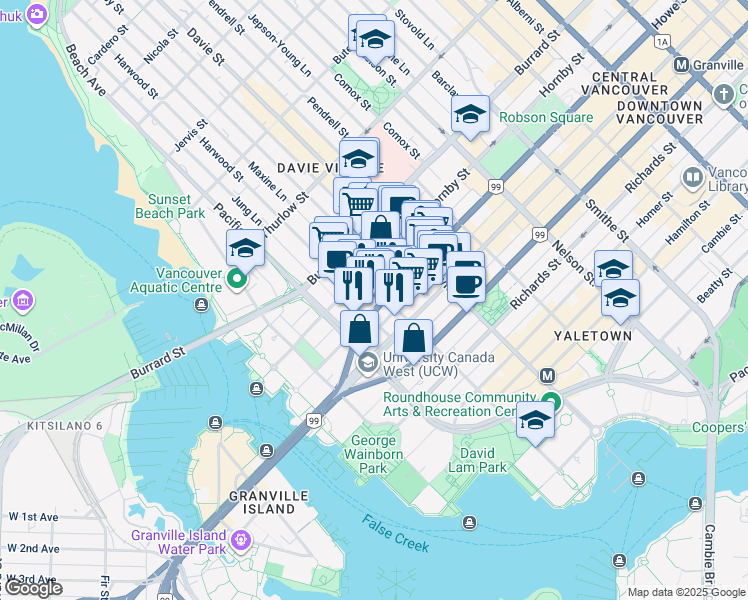 map of restaurants, bars, coffee shops, grocery stores, and more near in Vancouver