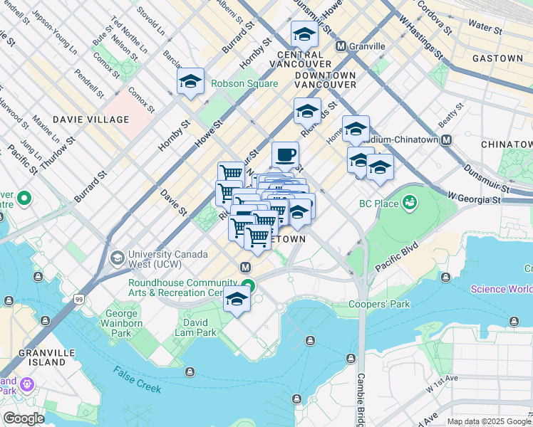 map of restaurants, bars, coffee shops, grocery stores, and more near in Vancouver