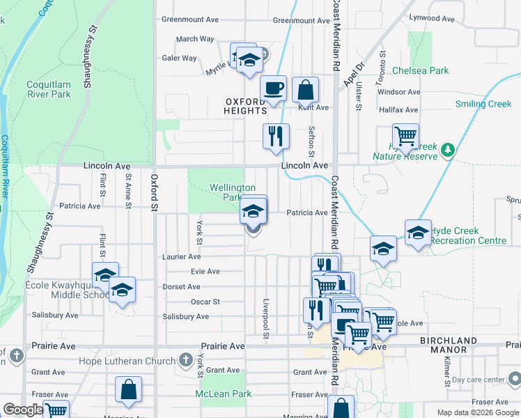 map of restaurants, bars, coffee shops, grocery stores, and more near 1665 Patricia Avenue in Port Coquitlam