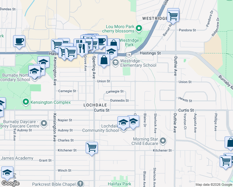 map of restaurants, bars, coffee shops, grocery stores, and more near 6898 Carnegie Street in Burnaby
