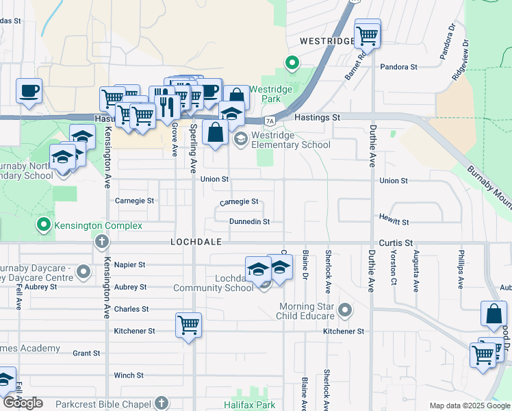 map of restaurants, bars, coffee shops, grocery stores, and more near 6928 Carnegie Street in Burnaby