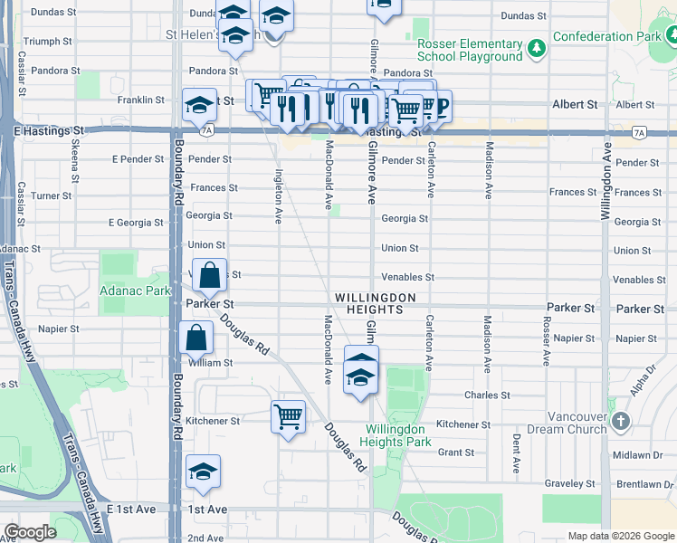 map of restaurants, bars, coffee shops, grocery stores, and more near 4013 Venables Street in Burnaby