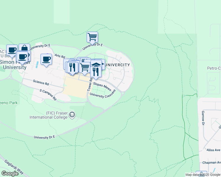 map of restaurants, bars, coffee shops, grocery stores, and more near 104 Slopes Mews in Burnaby