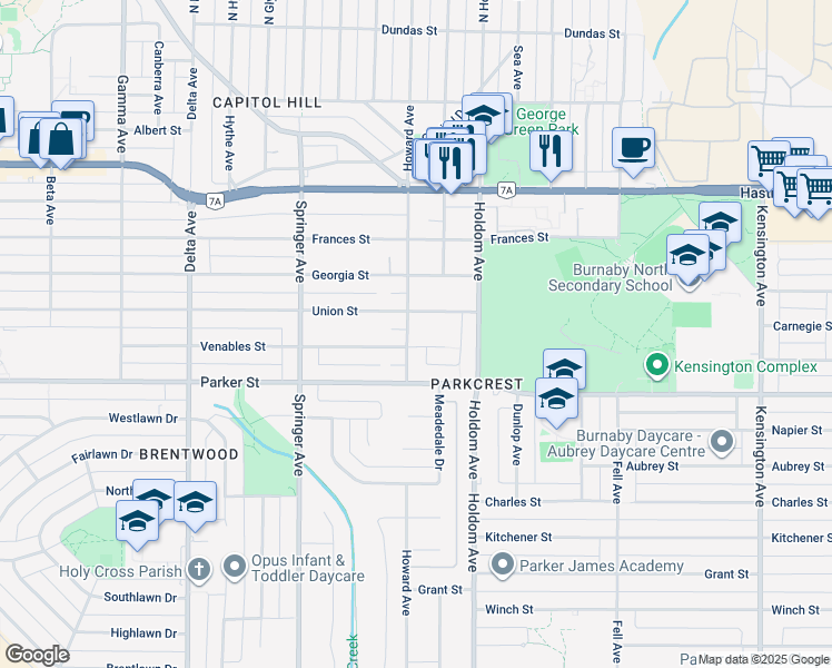 map of restaurants, bars, coffee shops, grocery stores, and more near 860 Howard Avenue in Burnaby