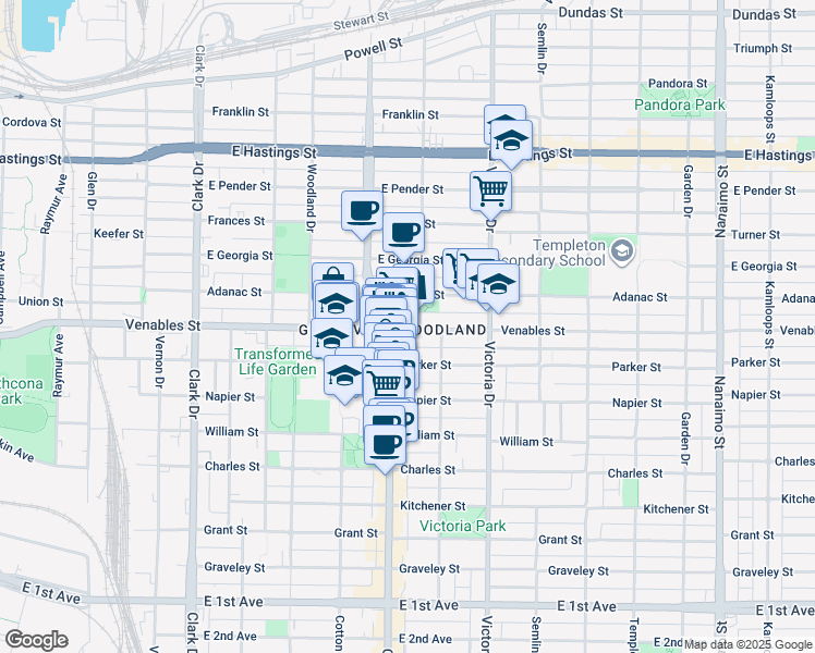 map of restaurants, bars, coffee shops, grocery stores, and more near 1775 Venables Street in Vancouver