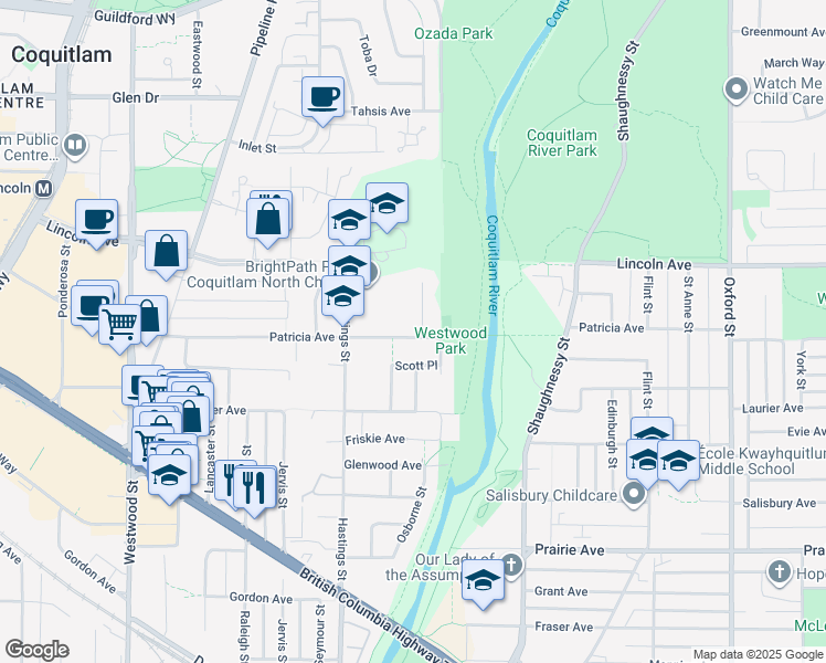 map of restaurants, bars, coffee shops, grocery stores, and more near 3603 Hughes Place in Port Coquitlam