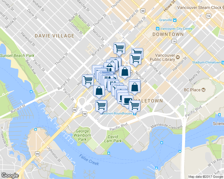 map of restaurants, bars, coffee shops, grocery stores, and more near 1199 Seymour Street in Vancouver