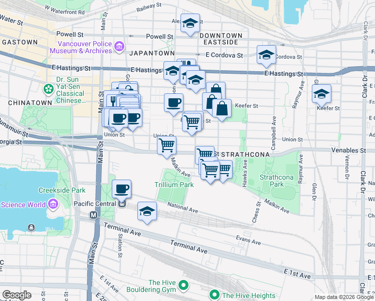 map of restaurants, bars, coffee shops, grocery stores, and more near 557 Prior Street in Vancouver