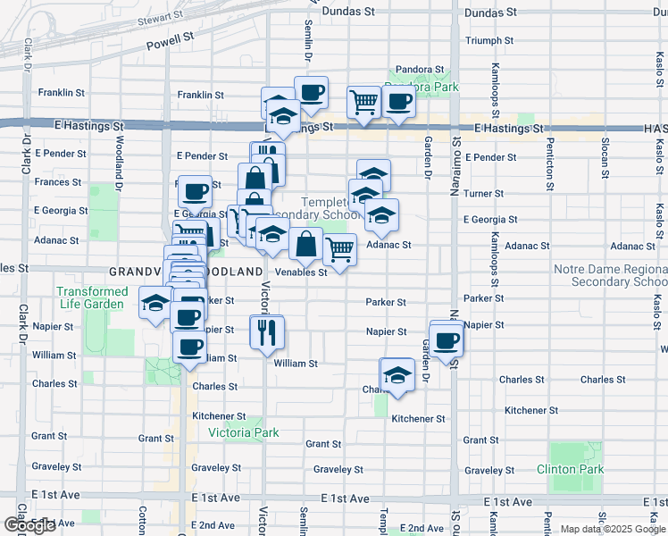 map of restaurants, bars, coffee shops, grocery stores, and more near 2055 Venables Street in Vancouver
