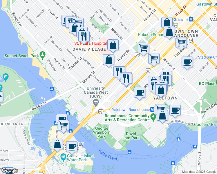 map of restaurants, bars, coffee shops, grocery stores, and more near 1317 Continental Street in Vancouver