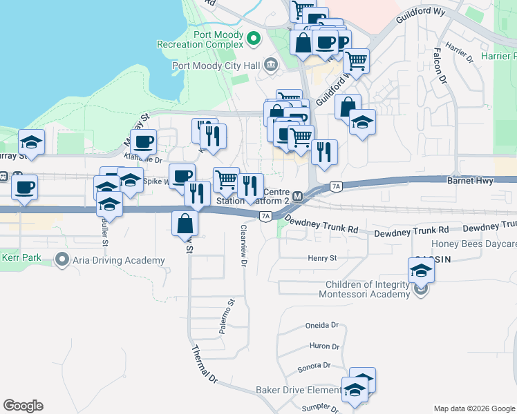 map of restaurants, bars, coffee shops, grocery stores, and more near in Port Moody
