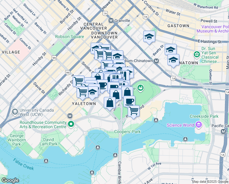map of restaurants, bars, coffee shops, grocery stores, and more near in Vancouver
