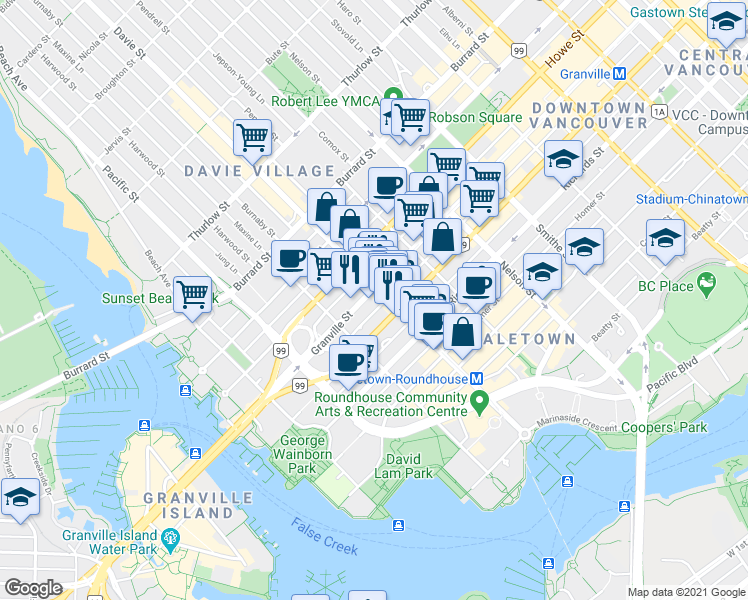map of restaurants, bars, coffee shops, grocery stores, and more near 1210-610 Granville Street in Vancouver