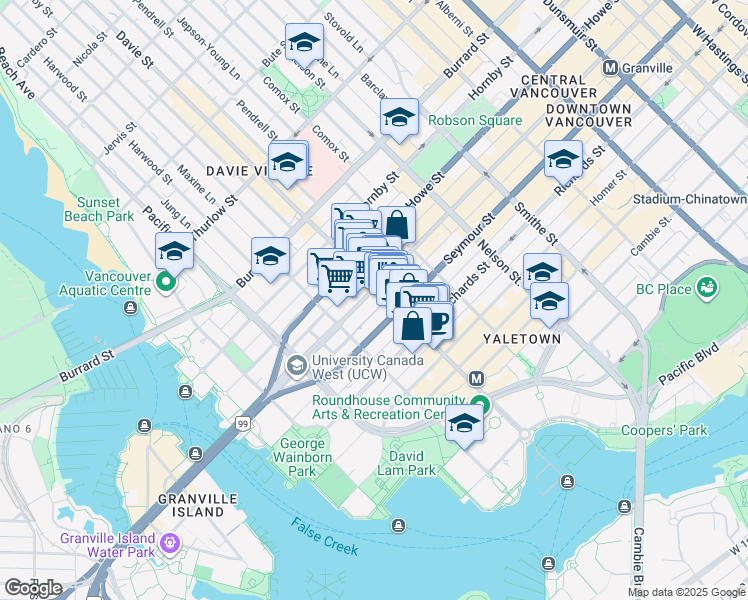 map of restaurants, bars, coffee shops, grocery stores, and more near 1210-610 Granville Street in Vancouver