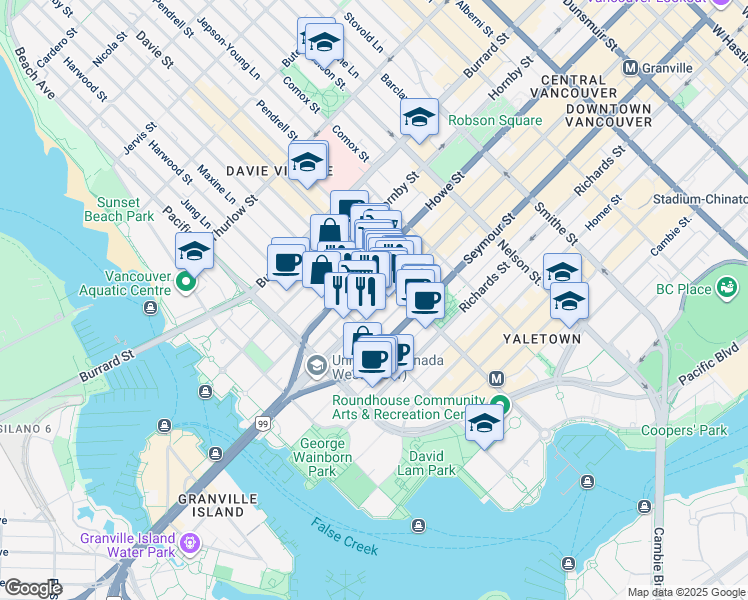 map of restaurants, bars, coffee shops, grocery stores, and more near 1249 Granville Street in Vancouver