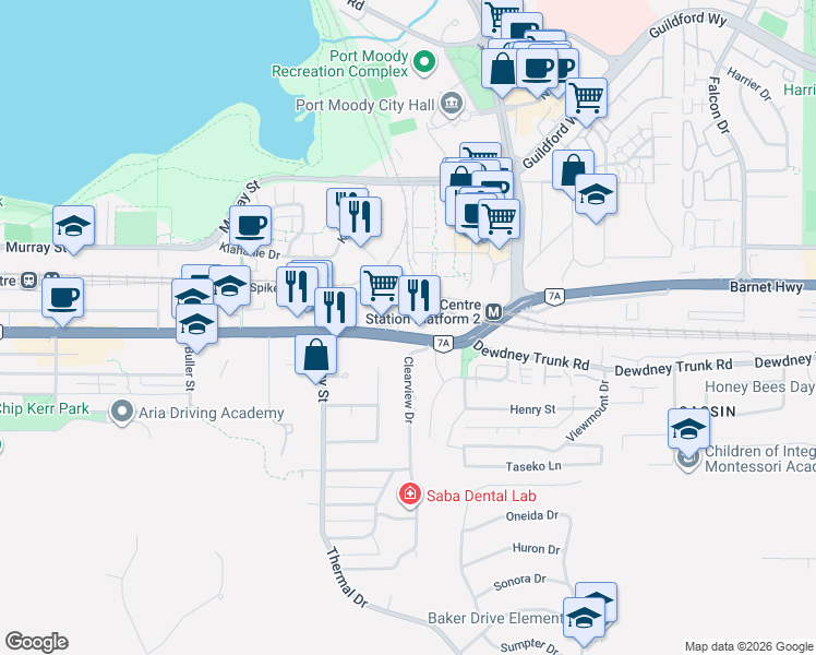 map of restaurants, bars, coffee shops, grocery stores, and more near 3242 Saint Johns Street in Port Moody