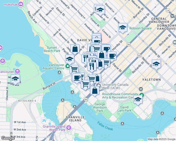 map of restaurants, bars, coffee shops, grocery stores, and more near in Vancouver