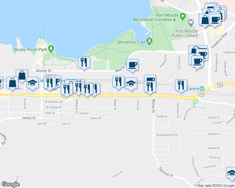 map of restaurants, bars, coffee shops, grocery stores, and more near in Port Moody