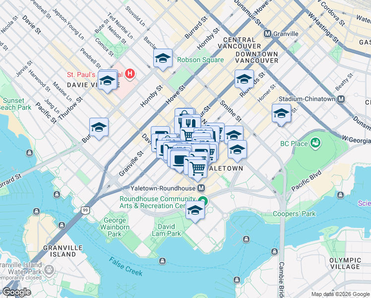 map of restaurants, bars, coffee shops, grocery stores, and more near in Vancouver