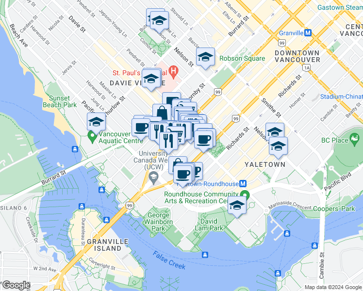 map of restaurants, bars, coffee shops, grocery stores, and more near 1295 Seymour Street in Vancouver