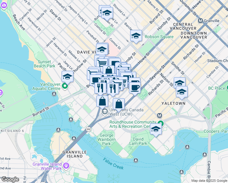 map of restaurants, bars, coffee shops, grocery stores, and more near in Vancouver