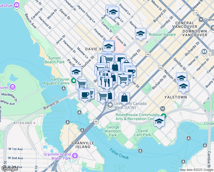 map of restaurants, bars, coffee shops, grocery stores, and more near in Vancouver