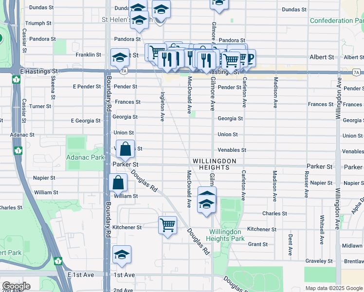 map of restaurants, bars, coffee shops, grocery stores, and more near 3961 Venables Street in Burnaby