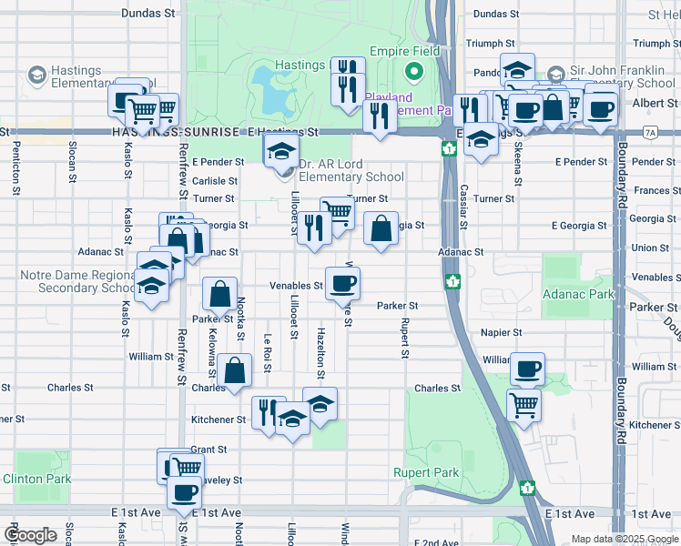 map of restaurants, bars, coffee shops, grocery stores, and more near 837 Windermere Street in Vancouver