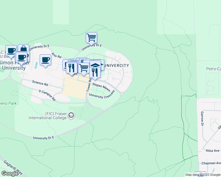 map of restaurants, bars, coffee shops, grocery stores, and more near 9350 University High Street in Burnaby