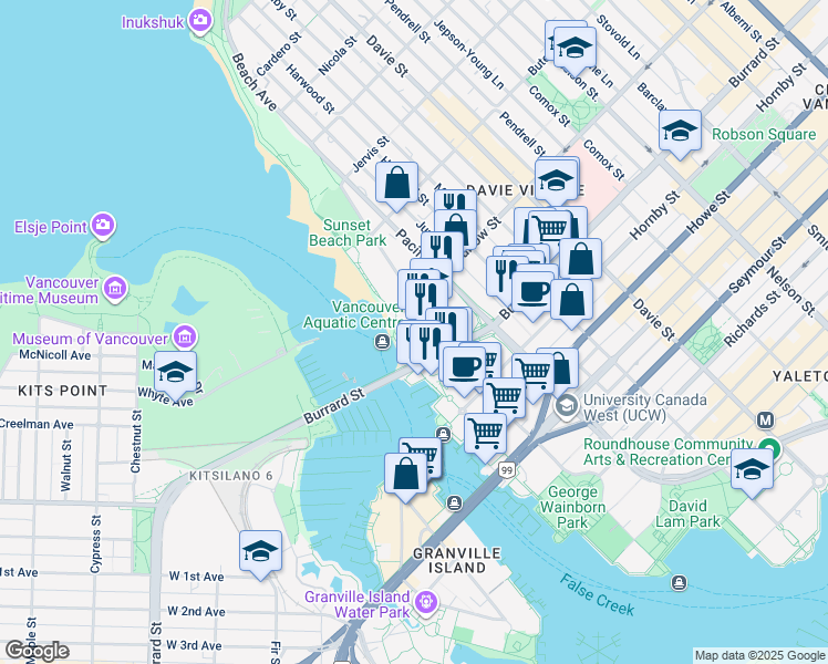 map of restaurants, bars, coffee shops, grocery stores, and more near 1050 Beach Avenue in Vancouver