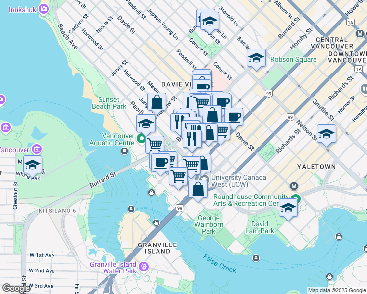 map of restaurants, bars, coffee shops, grocery stores, and more near 1380 Burrard Street in Vancouver