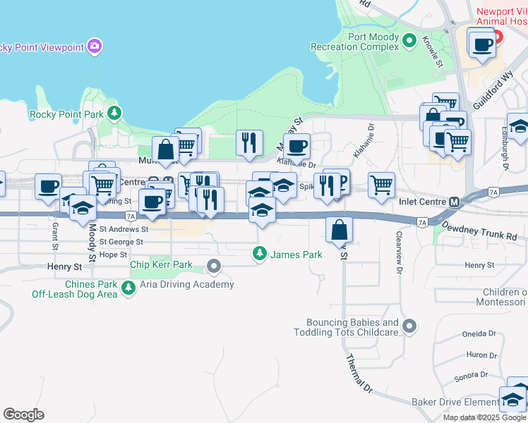 map of restaurants, bars, coffee shops, grocery stores, and more near 3122 Saint Johns Street in Port Moody