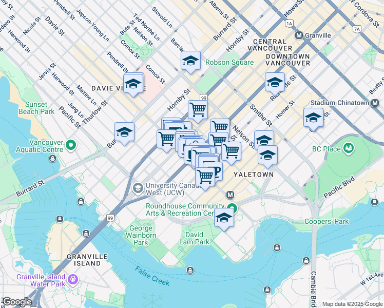 map of restaurants, bars, coffee shops, grocery stores, and more near 1199 Seymour Street in Vancouver