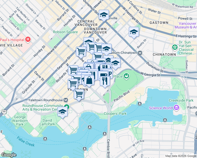 map of restaurants, bars, coffee shops, grocery stores, and more near in Vancouver