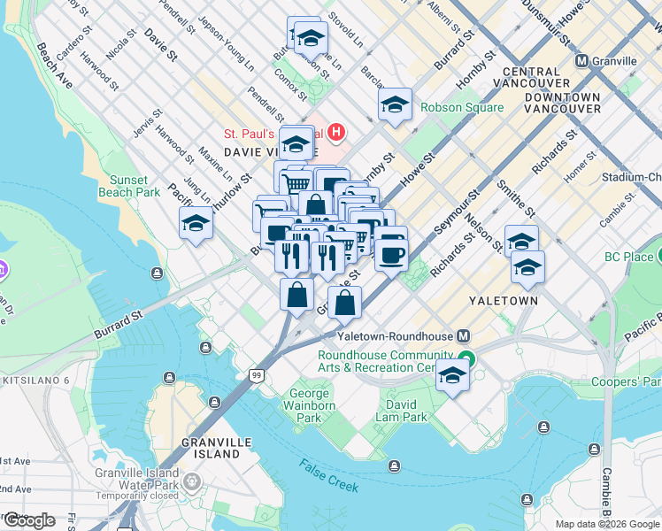 map of restaurants, bars, coffee shops, grocery stores, and more near in Vancouver
