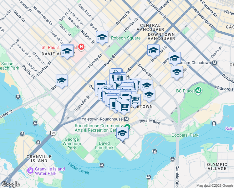 map of restaurants, bars, coffee shops, grocery stores, and more near 1111 Richards Street in Vancouver